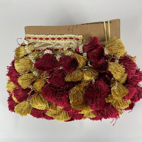 Silk 4 Yards Red & Gold Tassel Trim Embroidered Cream Band For Crafts & Decor - Picture 2 of 4